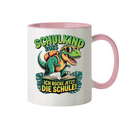 Schulkind 2025 – Dino Ich rocke jetzt die Schule! - Tasse zweifarbig