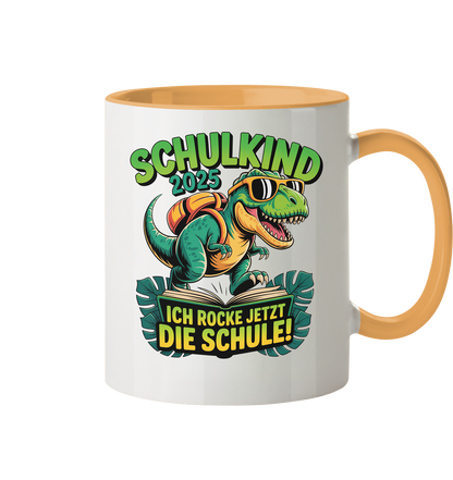 Schulkind 2025 – Dino Ich rocke jetzt die Schule! - Tasse zweifarbig