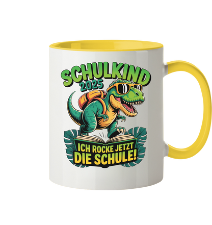 Schulkind 2025 – Dino Ich rocke jetzt die Schule! - Tasse zweifarbig