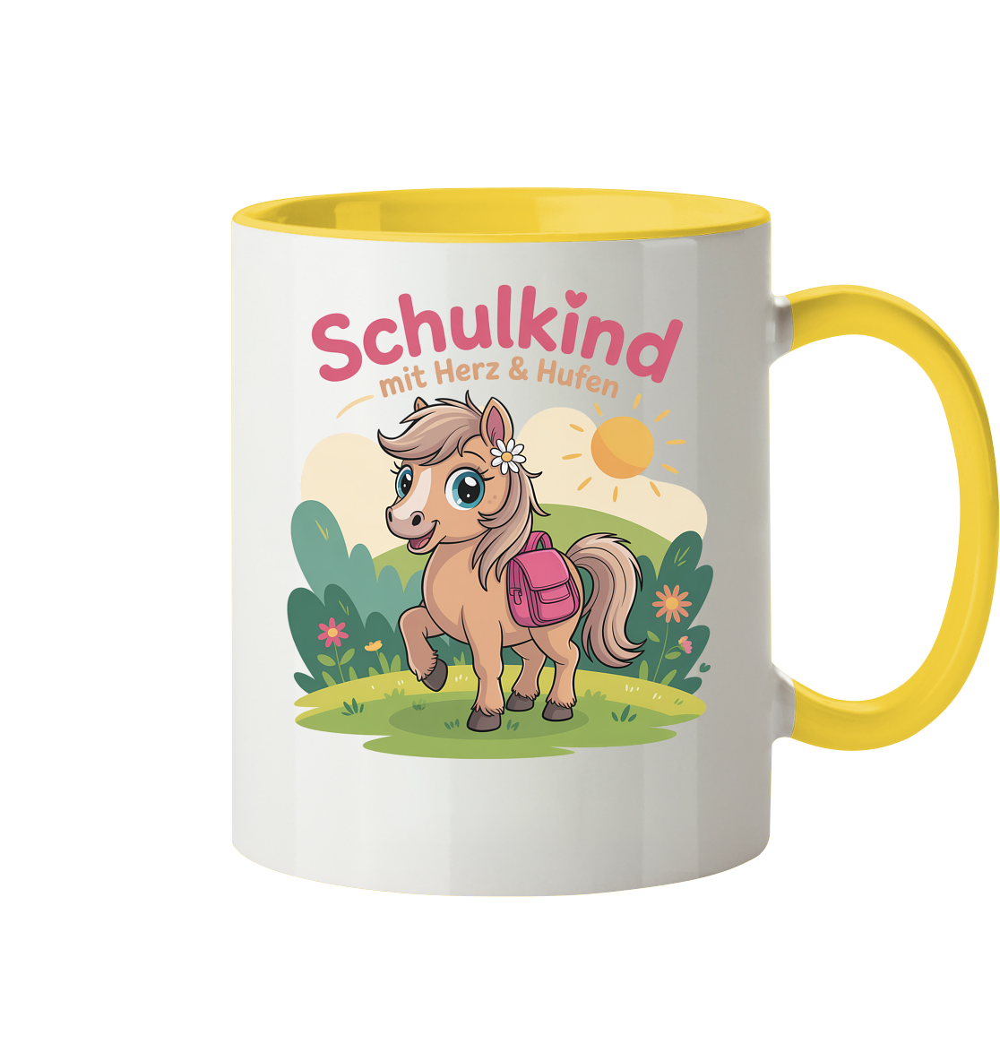 Schulkind 2025 mit Herz & Hufen mit Namen Personalisiert - Tasse zweifarbig