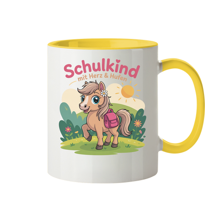 Schulkind 2025 mit Herz & Hufen mit Namen Personalisiert - Tasse zweifarbig